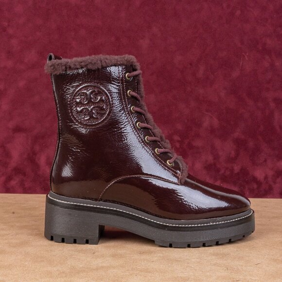 Tory Burch Wmn Miller Shearling Lined Burgundy Leather Zip Combat Boots sz 7 - Picture 3 of 9